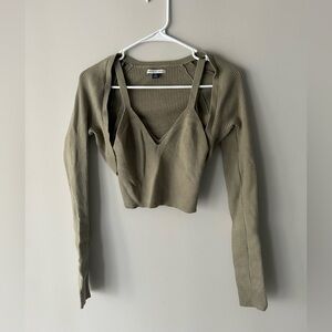 American Eagle Outfitters Olive Ribbed Crop Tank with shawl